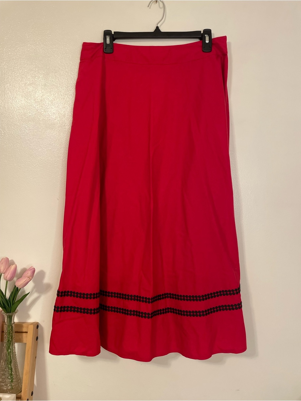 Bright red midi skirt with black detail at hem Talbots 16